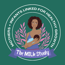 MILk study logo with woman of color breastfeeding baby on green background and circle of text